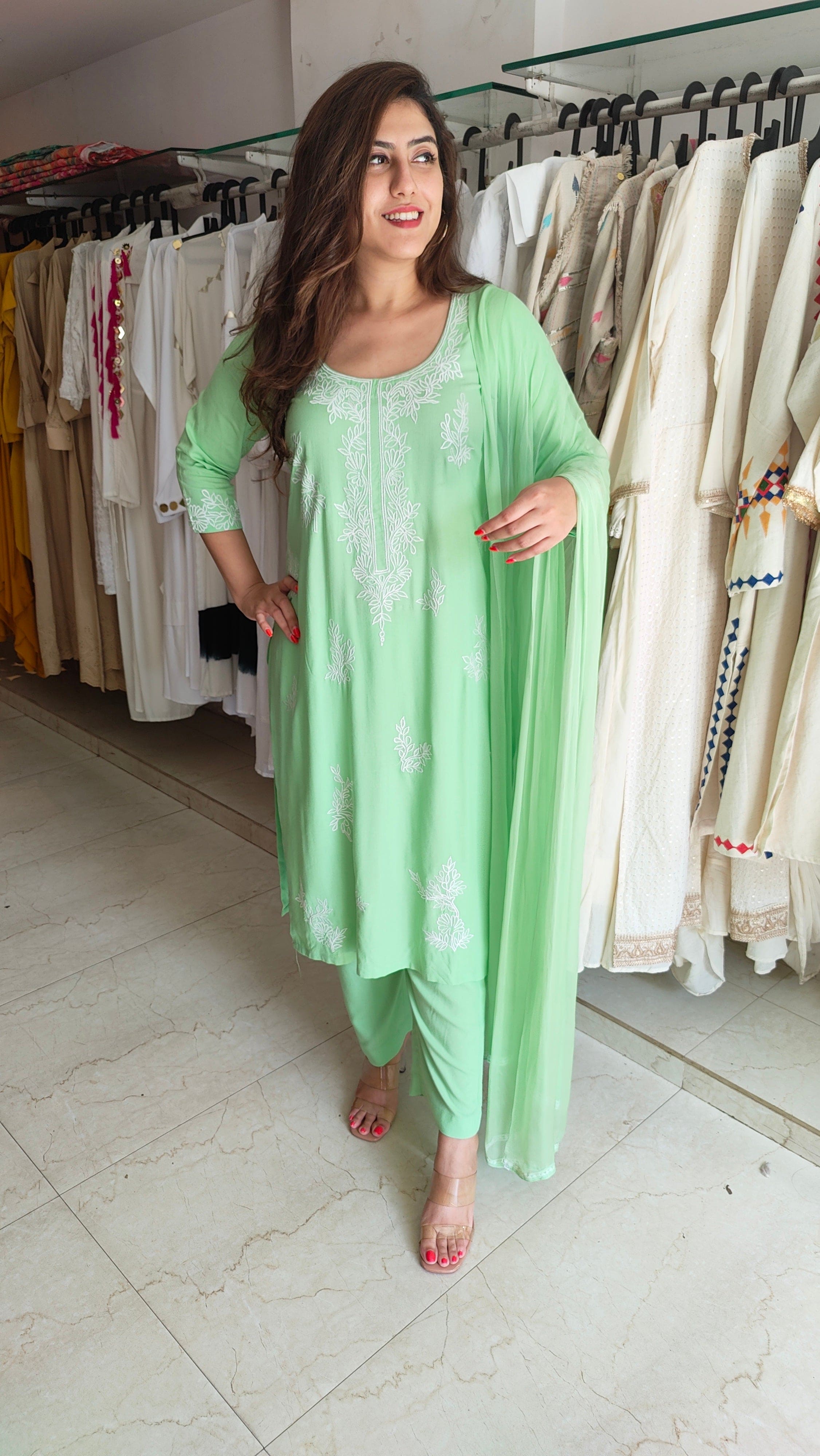 Pista Green Chiffon  Suit