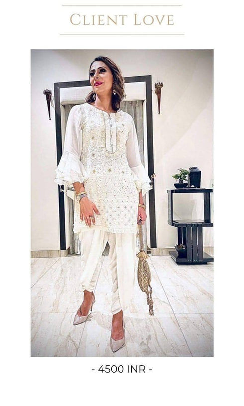 Powder White Lucknowi kurta Jacket Set with Embellishments main image 1